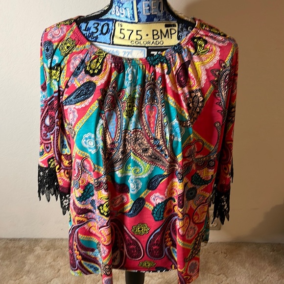 Chico's Tops - Chico's Pink Teal Paisley Blouse with Black Lace Trim